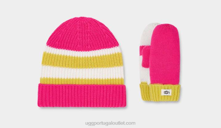 rosa neon multi conjunto gorro e luva color block UGG 20TJ1764 crianças