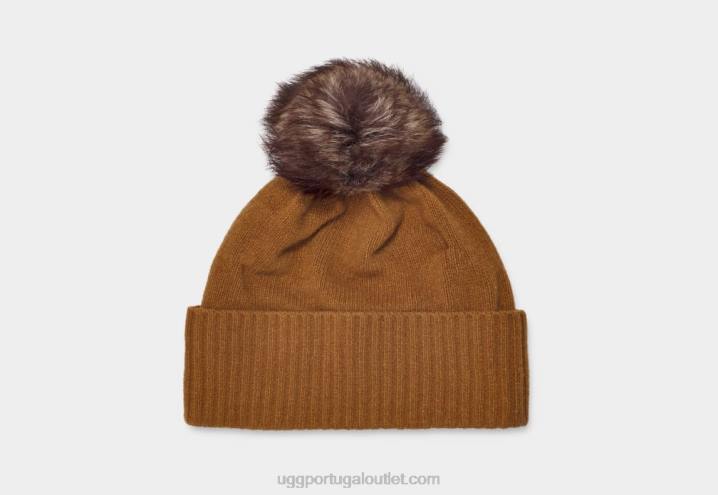 camello scuro chapéu de pompom de malha canelada pryce UGG 20TJ148 mulheres